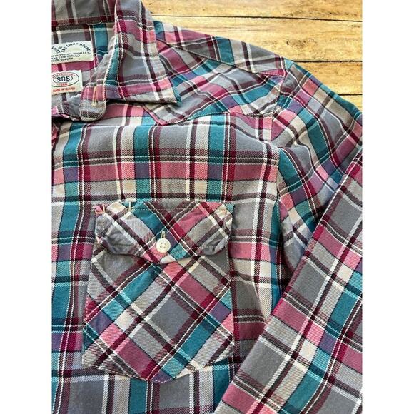 Superbad Shirt Pink Gray Aqua Flannel Button Up Shirt M - Picture 6 of 11